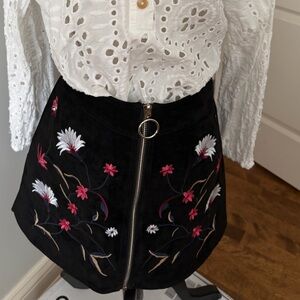 Black Embroidered Suede Skirt with Zipper